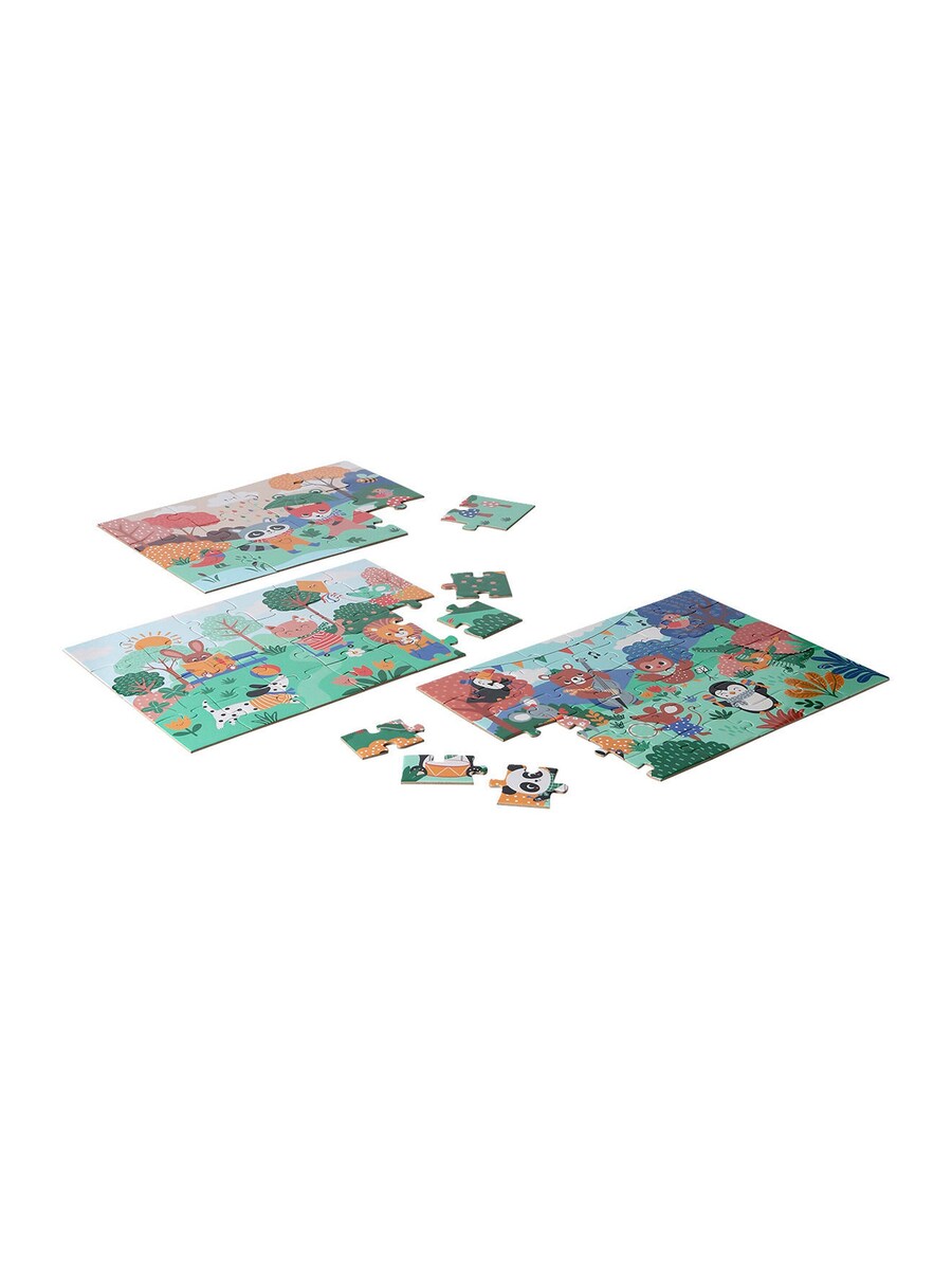 Puslespillsett 3-pk HAPPY ANIMALS 12-36 brikker bakside med bokstaver