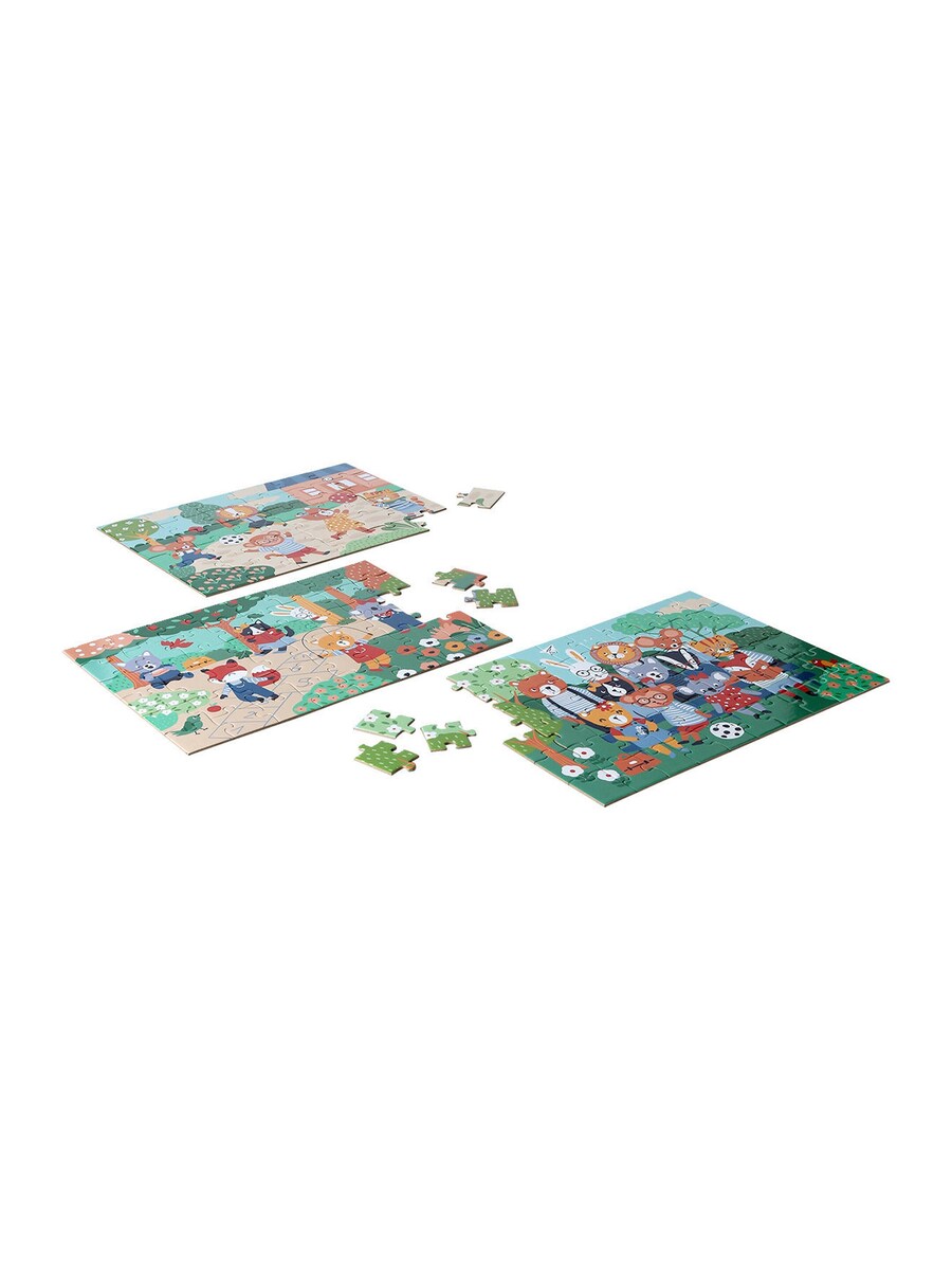 Puslespillsett 3-pk HAPPY ANIMALS 36-60 brikker bakside med bokstaver