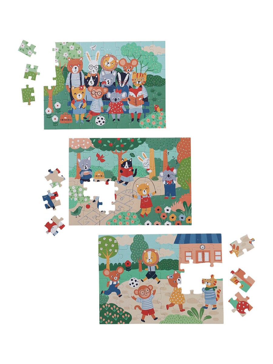 Montert Puslespillsett 3-pk HAPPY ANIMALS 36-60 brikker med dyremotiv