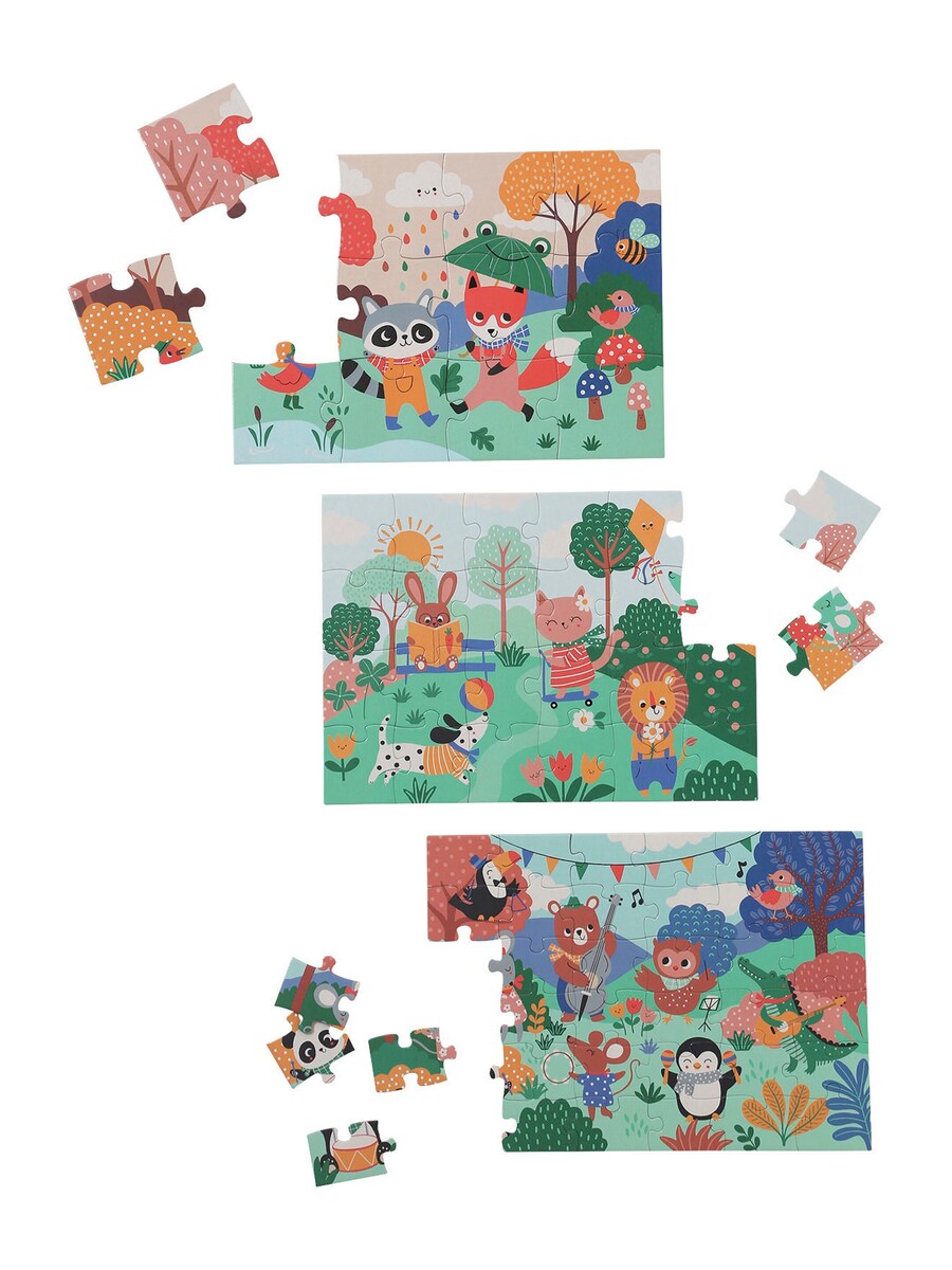 Montert Puslespillsett 3-pk HAPPY ANIMALS 12-36 brikker