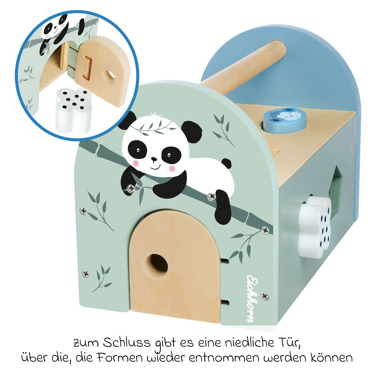 Puttekasse i tre med 8 klosser, panda sideprofil