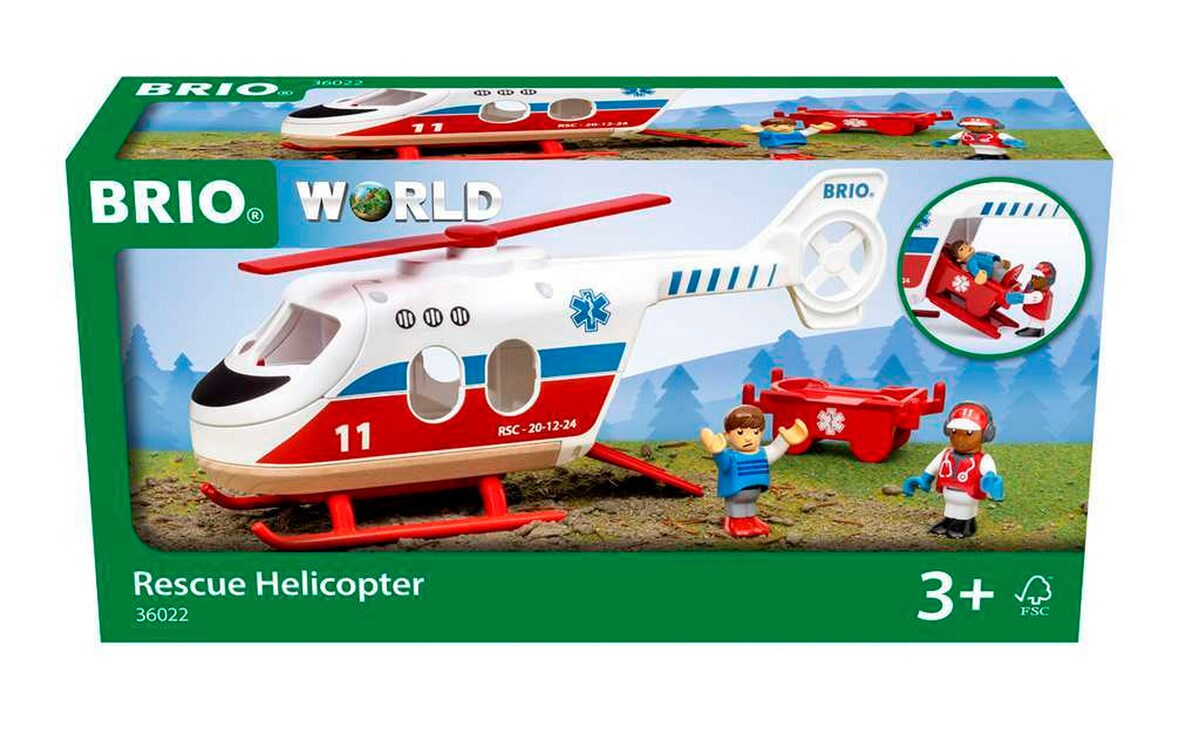 Detalj av rotorblader på Redningshelikopter med figurer og båre BRIO World