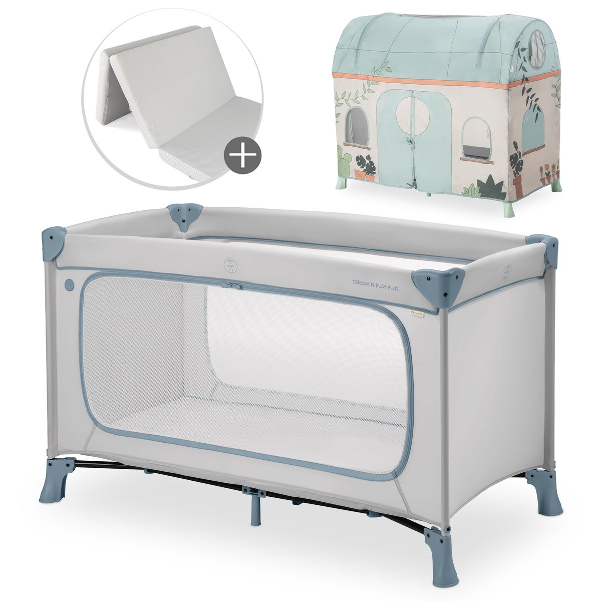 Reiseseng Dream N Play Plus med madrass og leketelt Plants forfra