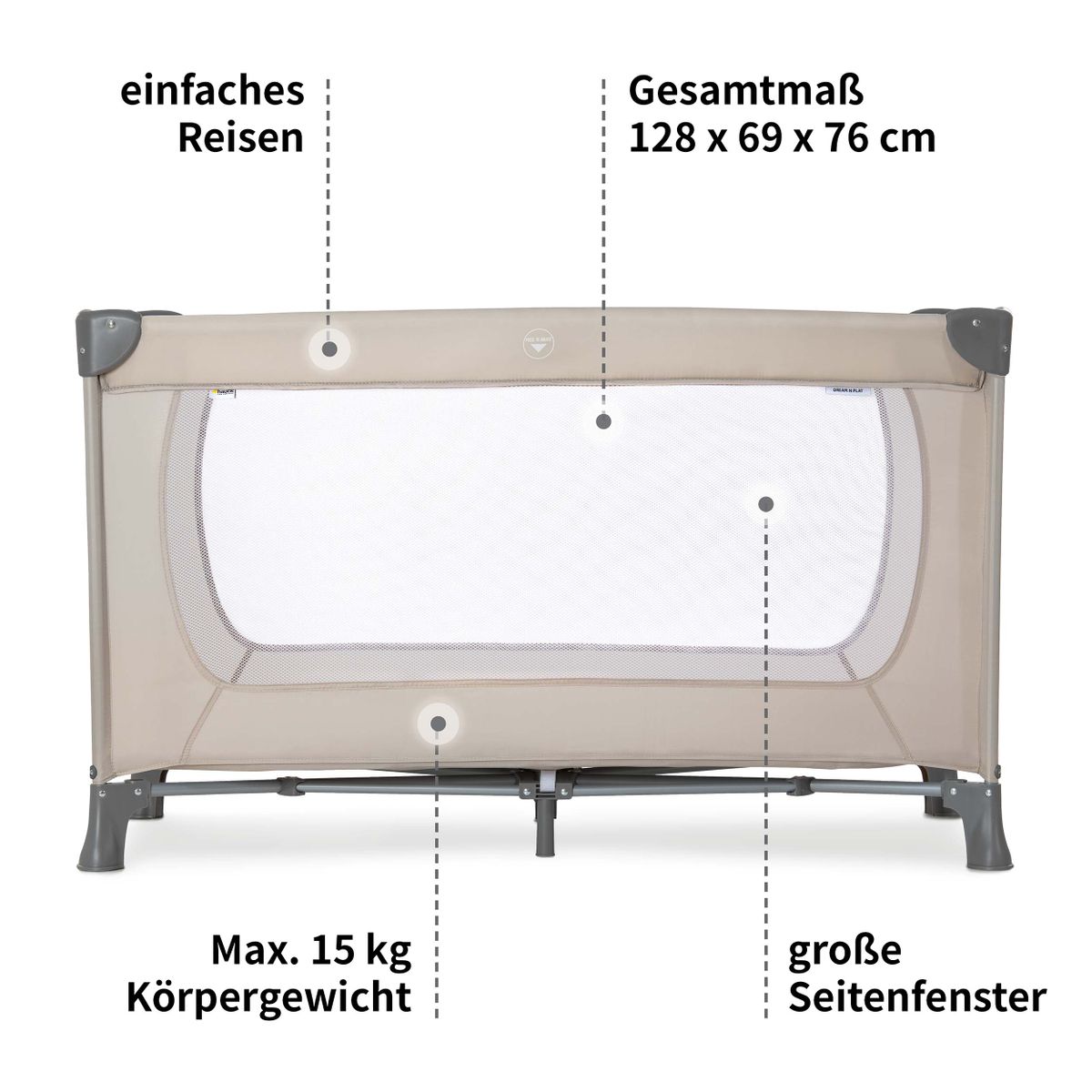 Detalj av polstret bunn i Reiseseng Dream'n Play beige