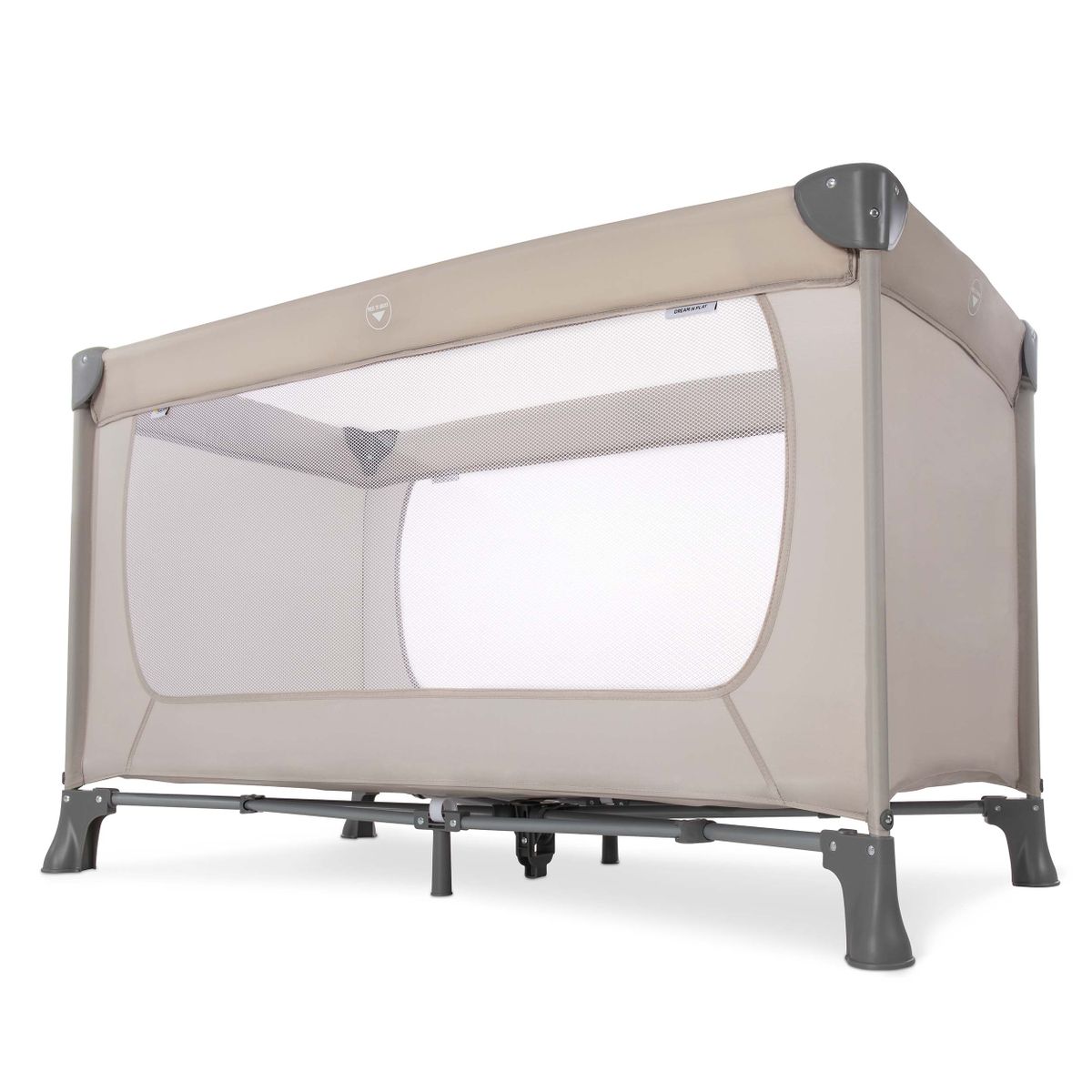 Detalj av stoff og søm på Reiseseng Dream'n Play beige