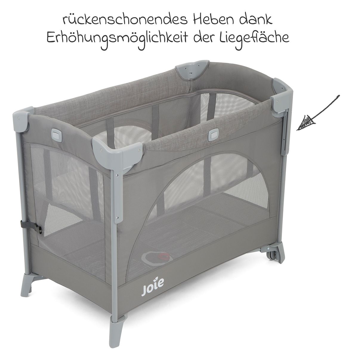 Montert Reiseseng og bedside crib Kubbie Sleep 0-15 kg med madrass i bruk