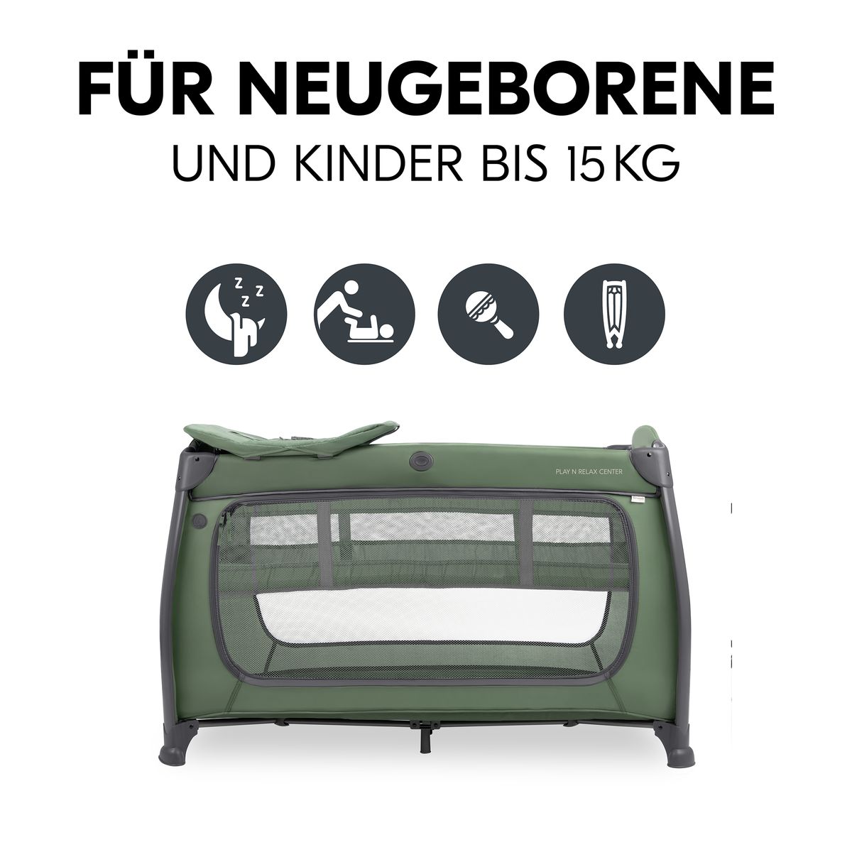 Detalj av stoff og ramme på Reiseseng Play N Relax Center med stellematte