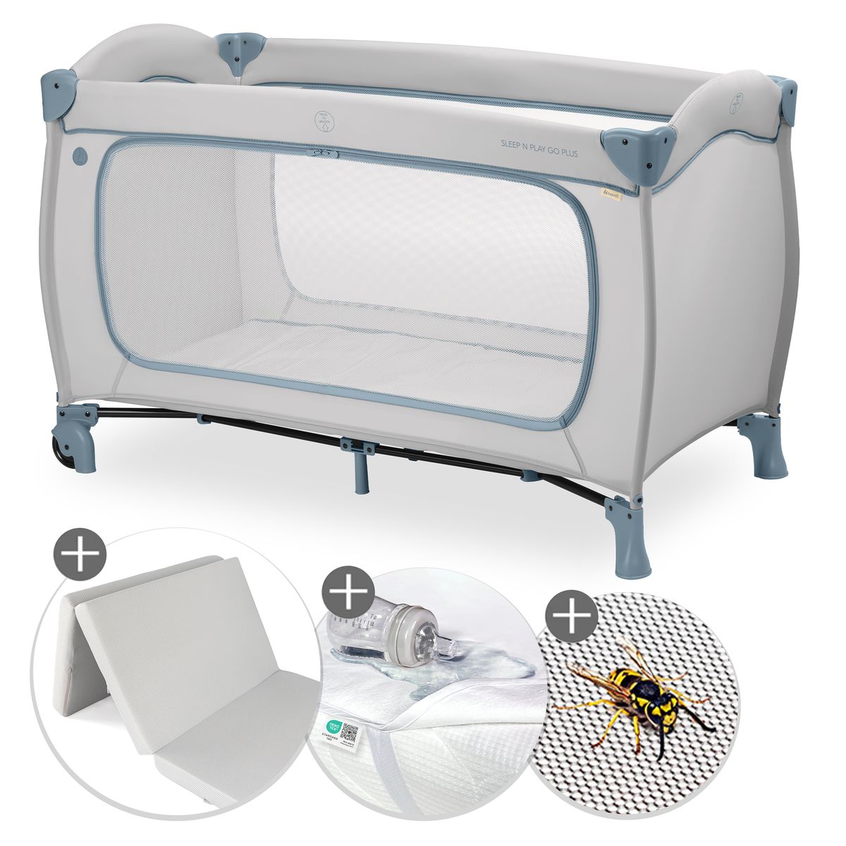 Reiseseng-sett Sleep N Play Go Plus med madrass og insektnett forfra