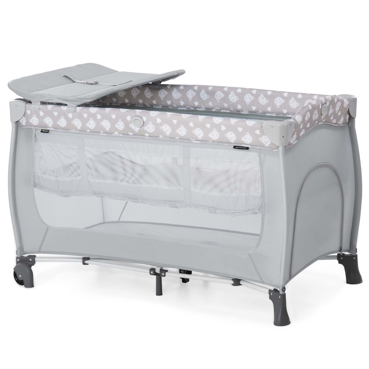 Reiseseng Sleep'n Play Center med stellematte og hjul forfra