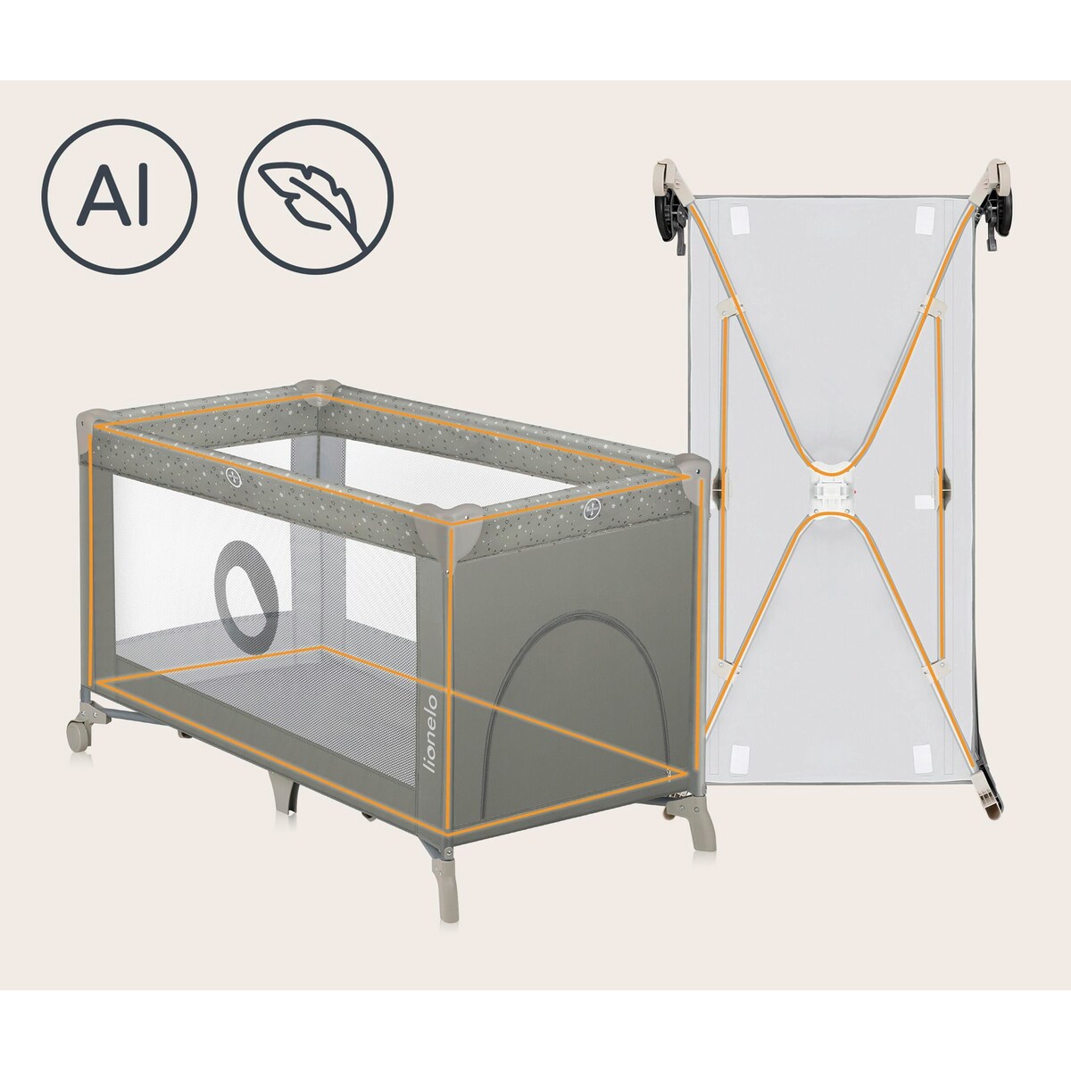 Reiseseng Stefi 2-i-1 med madrass og lekegrind ventilasjonsnetting