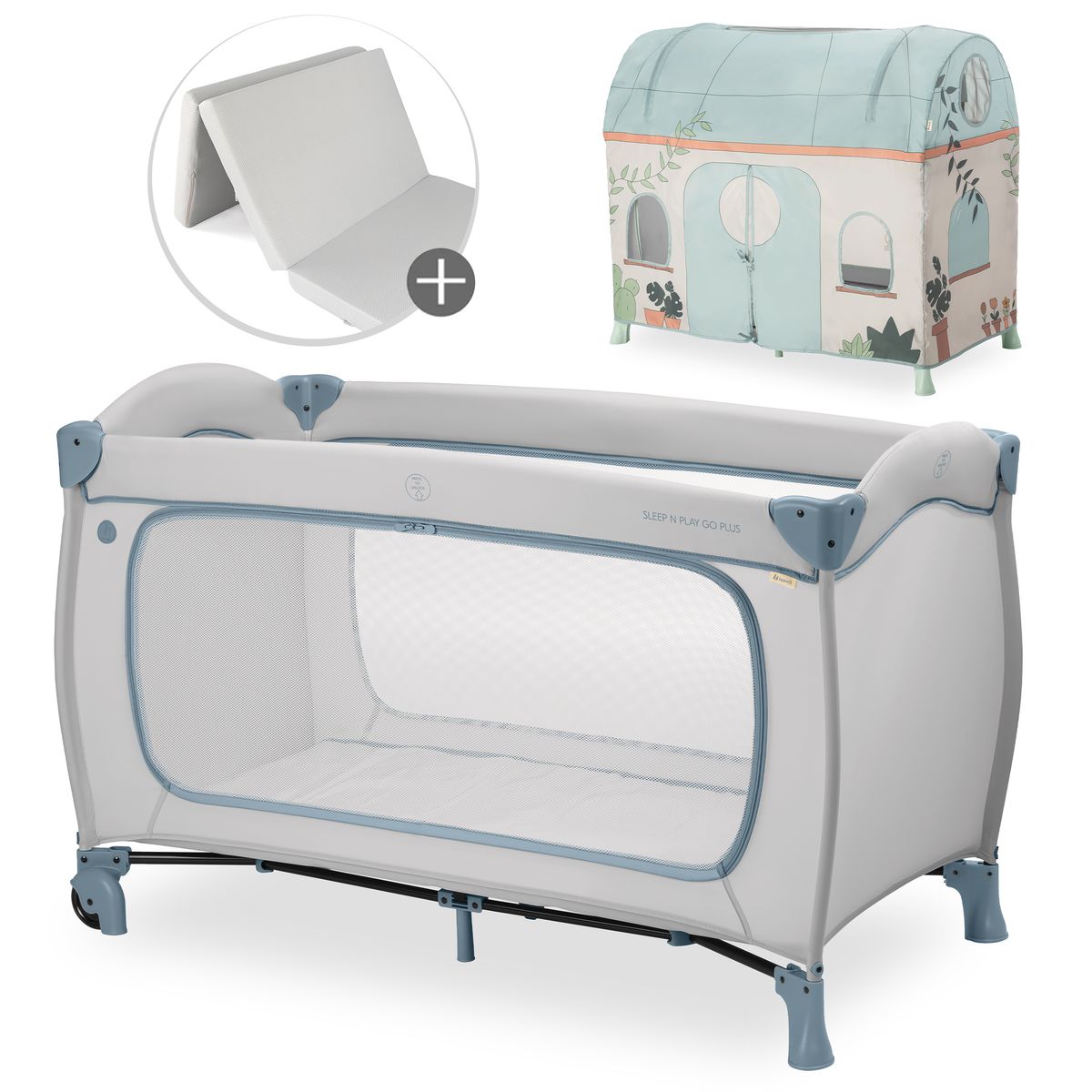 Reisesengsett Sleep N Play Go Plus med madrass og leketelt forfra