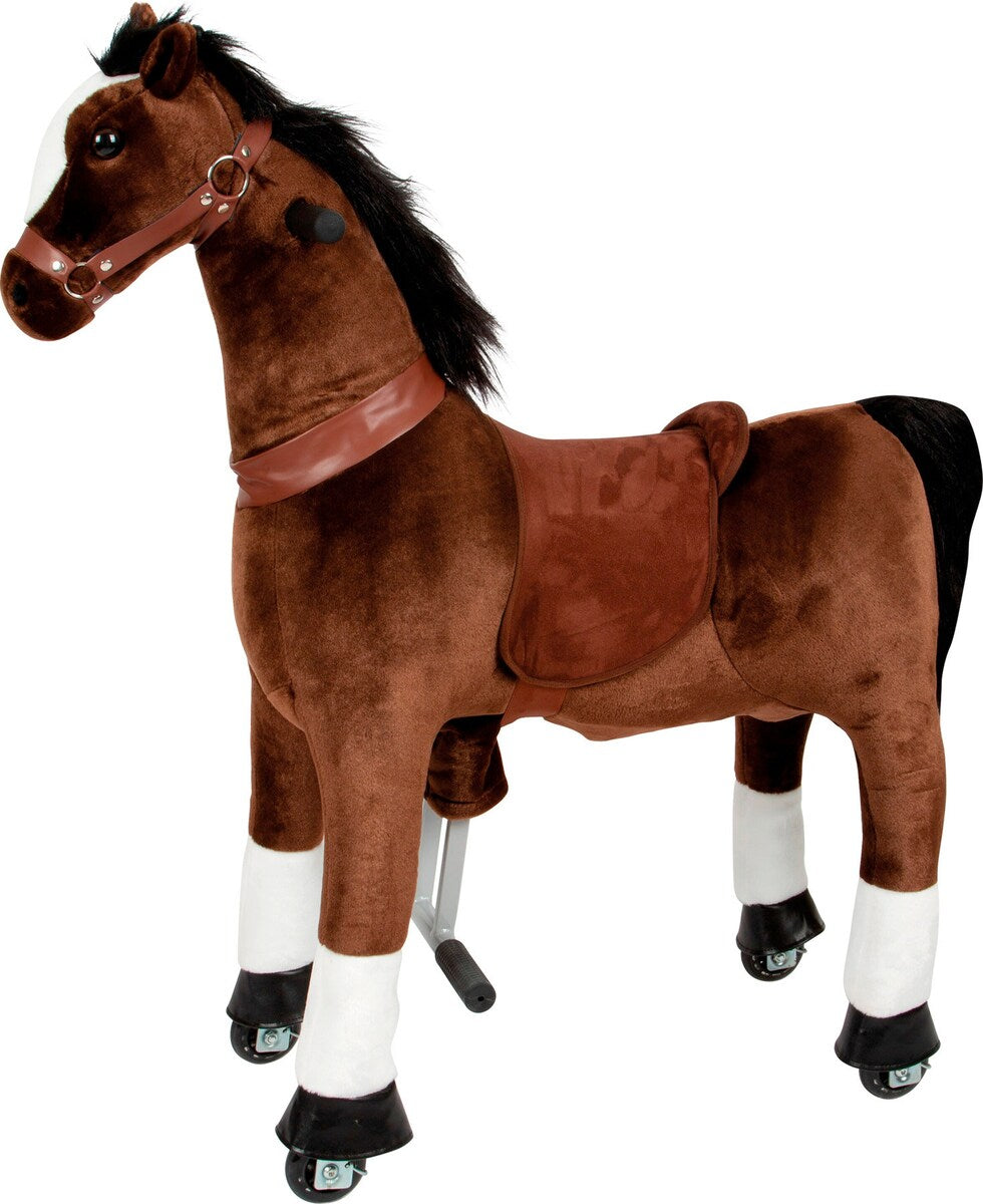 Ridehest på hjul i plysj med pedal og styrehåndtak forfra