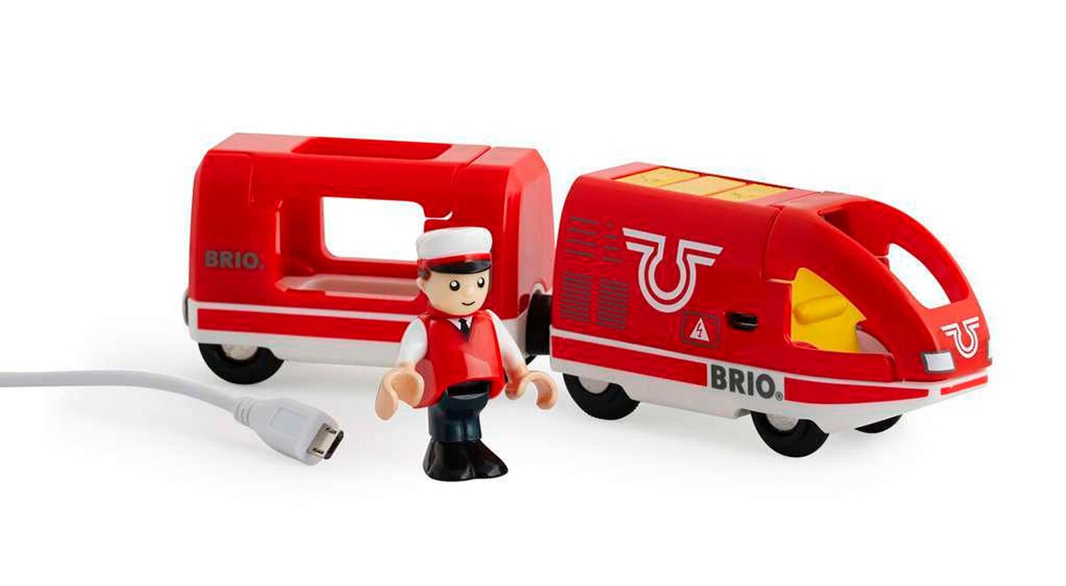 Rødt oppladbart passasjertog med USB-lading forfra