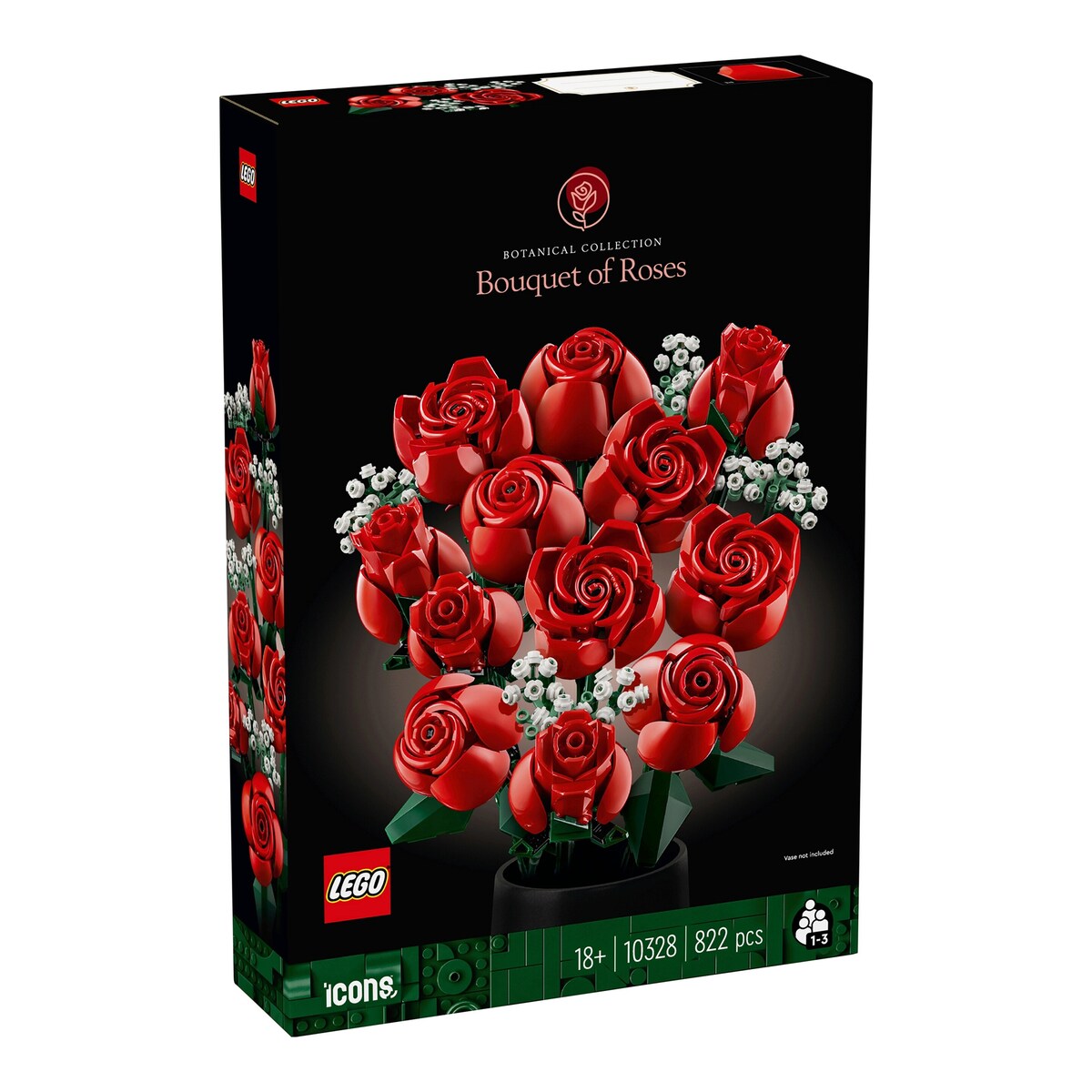Rosebukett 10328 byggesett forfra med røde LEGO-roser