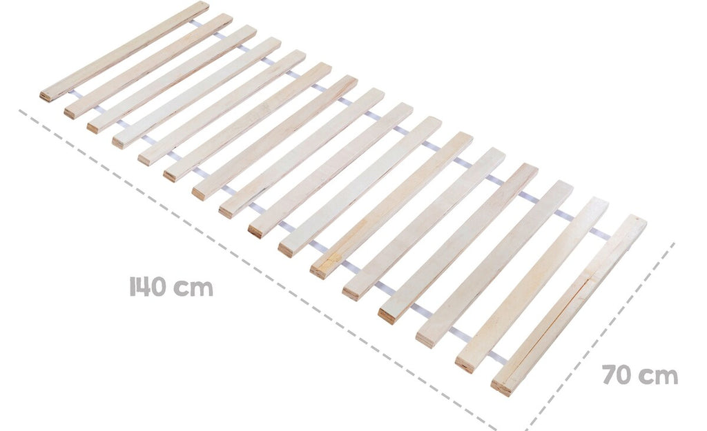 Montert rullbar lamellbunn 70 x 140 cm i naturtre på seng
