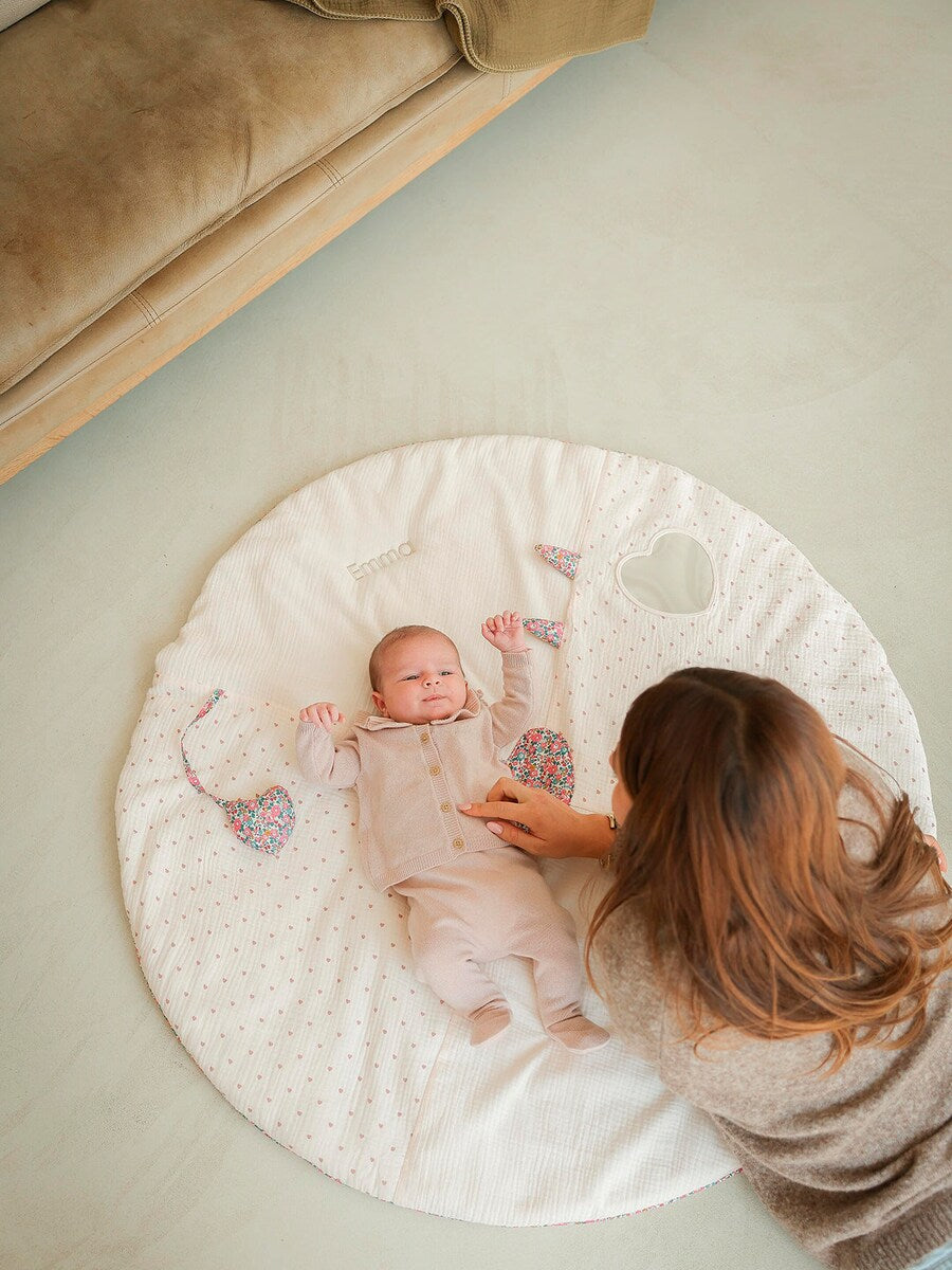 Visning av hele rund aktivitetsteppe for baby, musselin bomull
