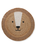 Rundt barneteppe i jute med løvemotiv diameter 100 cm forfra