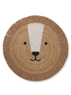 Rundt barneteppe i jute med løvemotiv diameter 100 cm forfra