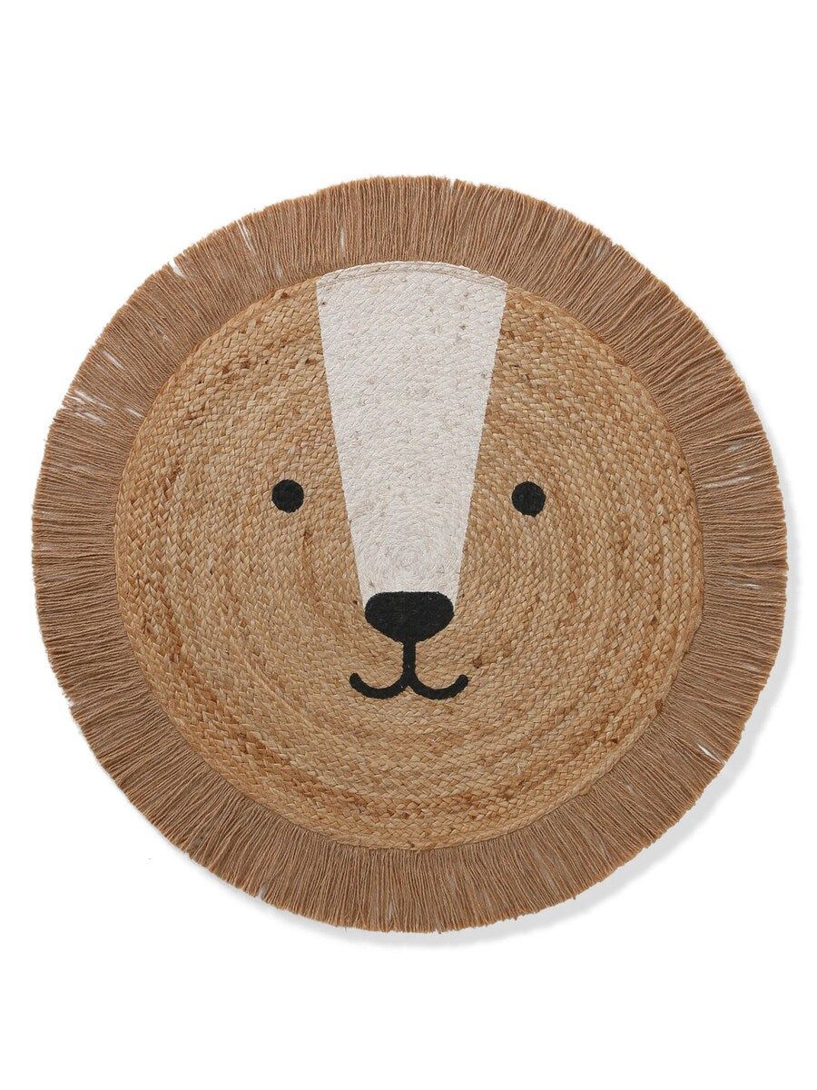 Rundt barneteppe i jute med løvemotiv diameter 100 cm forfra