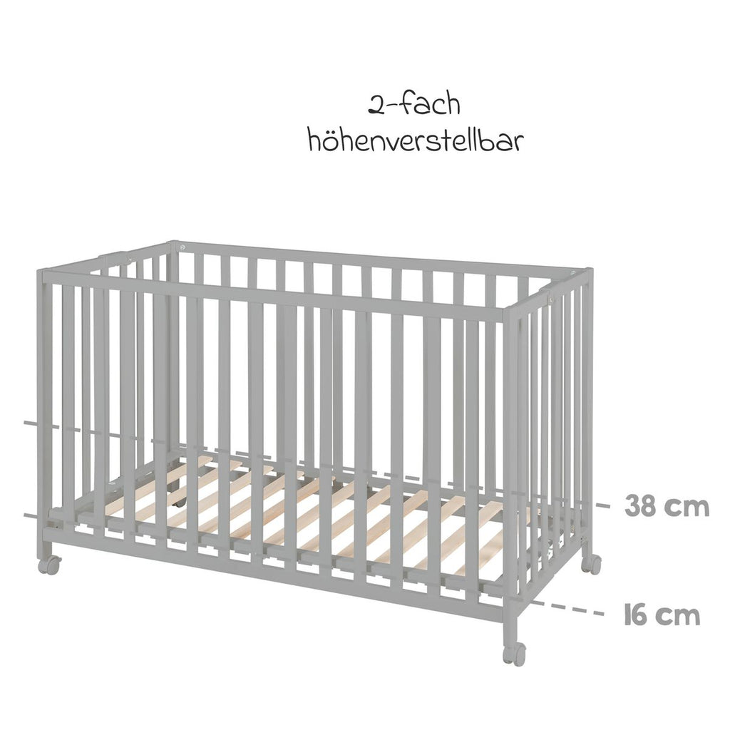 Nærbilde av hjul på sammenleggbar barneseng med justerbar bunn 60 x 120 cm, taupe
