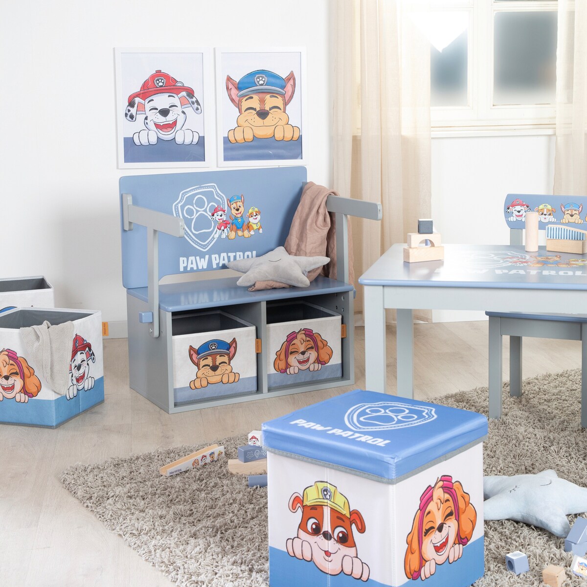 Sammenleggbar sittebenk med oppbevaringsboks Paw Patrol bakside