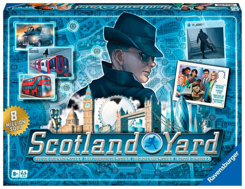 Scotland Yard brettspill forfra med spillbrett og figurer