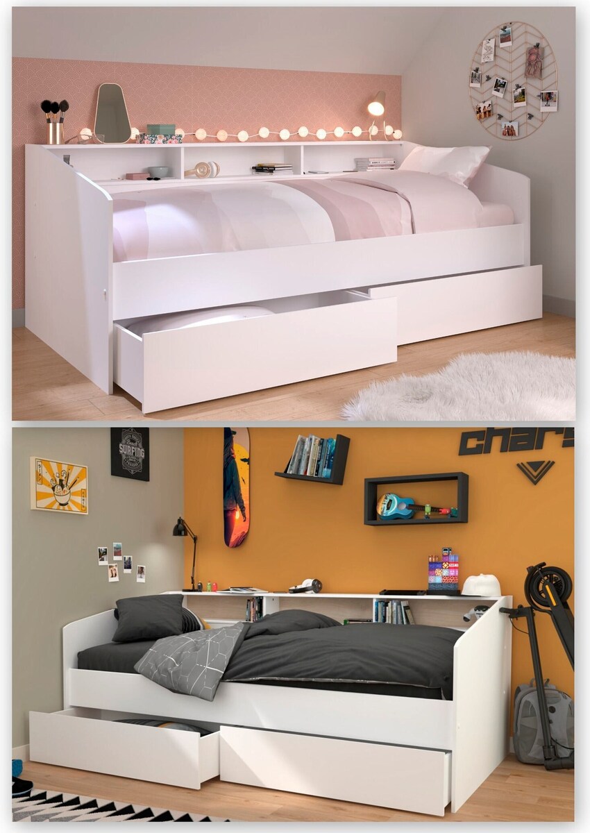 Detalj av oppbevaringshyller på Seng med oppbevaring "Sleep 4" hvit 90x200 cm