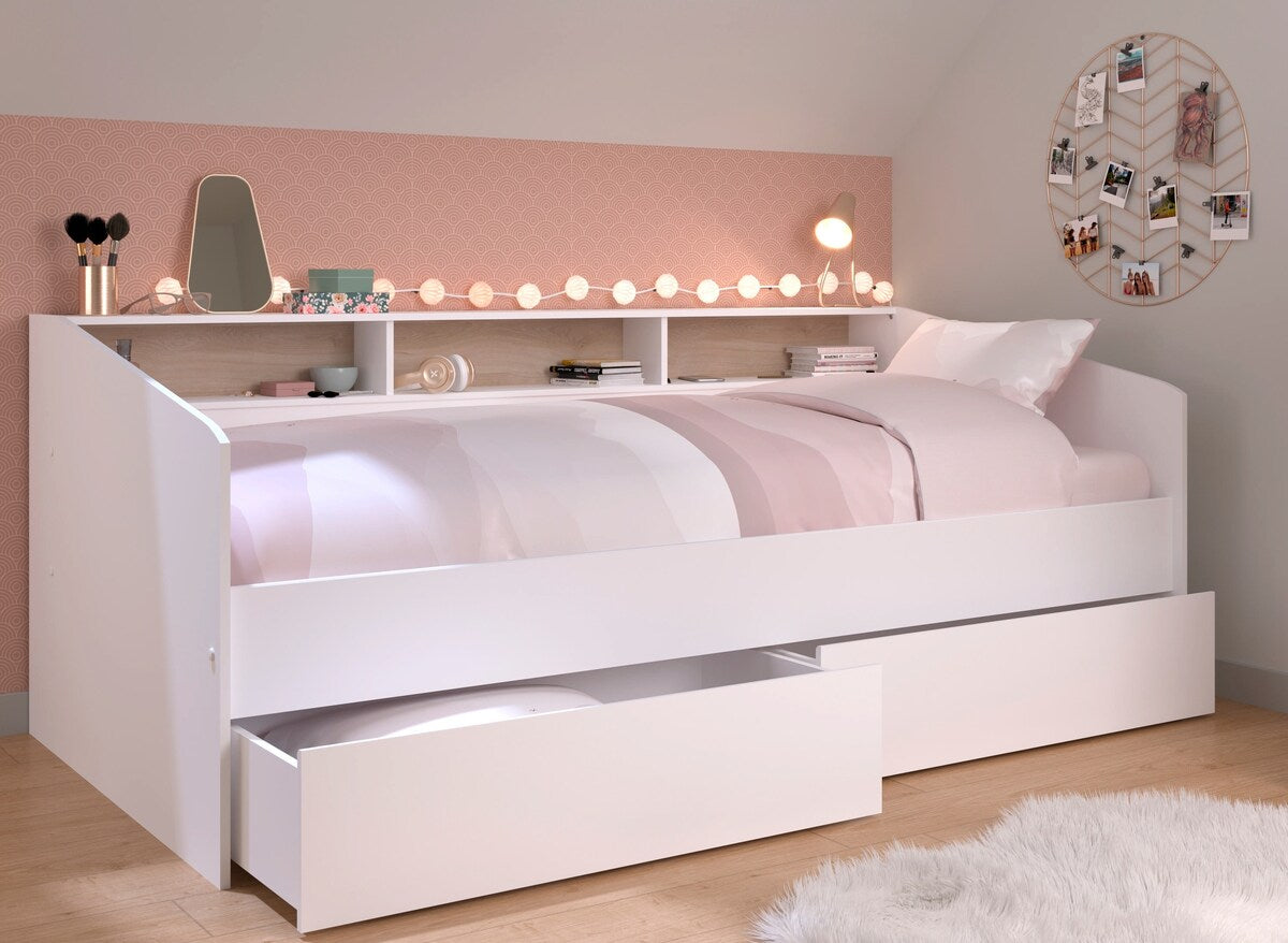 Nærbilde av foliert overflate på Seng med oppbevaring "Sleep 4" hvit 90x200 cm