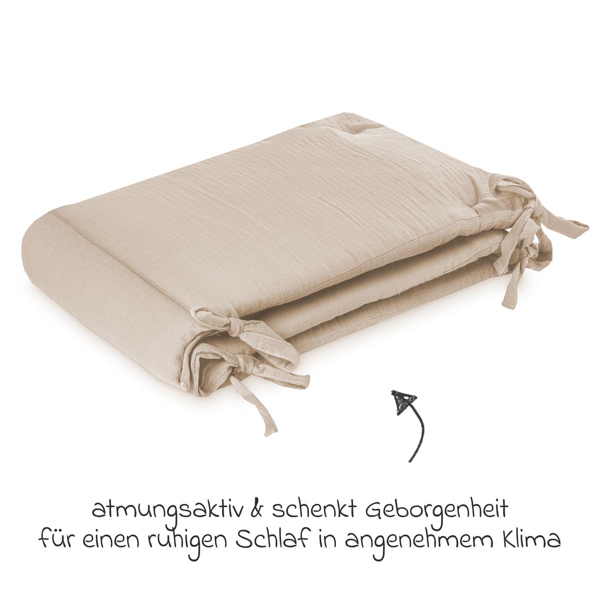 Sengebeskytter i musselin 180 x 35 cm sand detalj av stoff