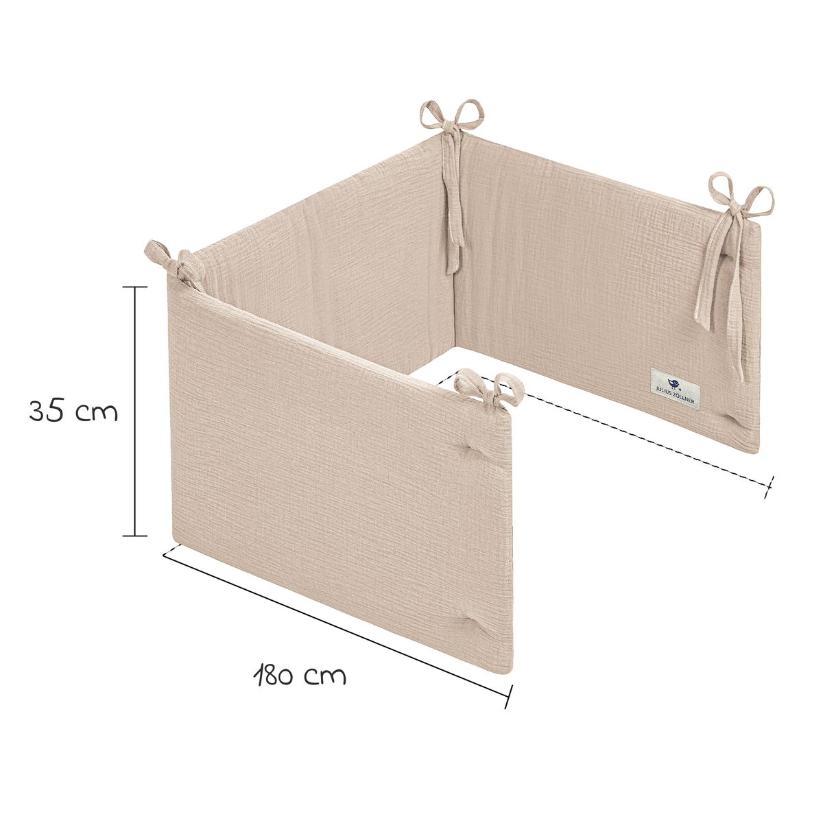 Sengebeskytter i musselin 180 x 35 cm sand fyllmateriale nærbilde