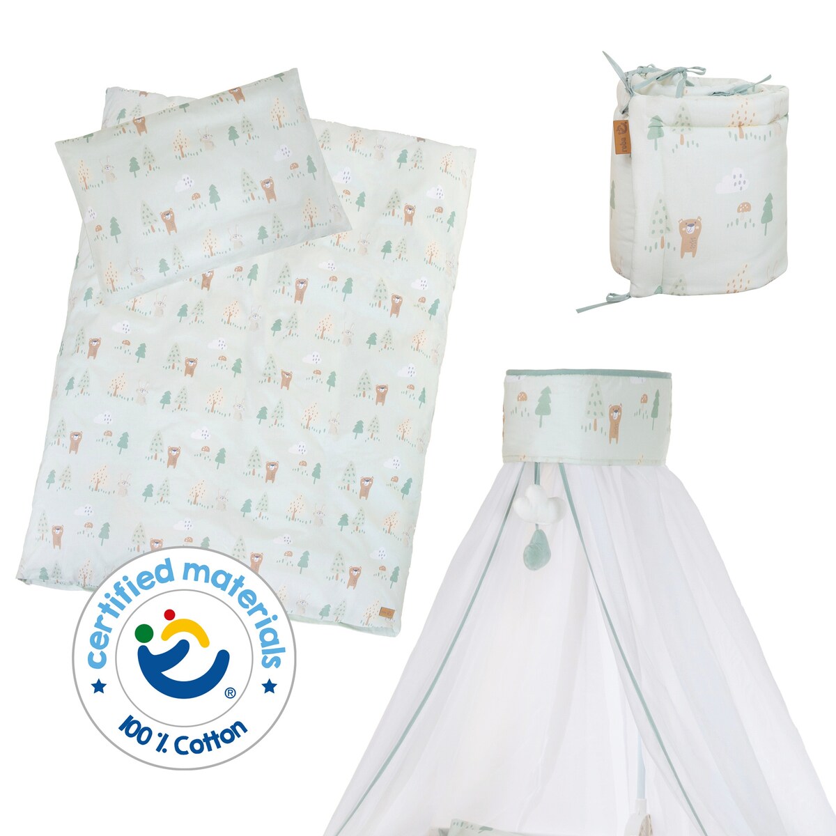 Sengesett 4 deler Woodland Buddies med sengehimmel sky-leker på betthimmel