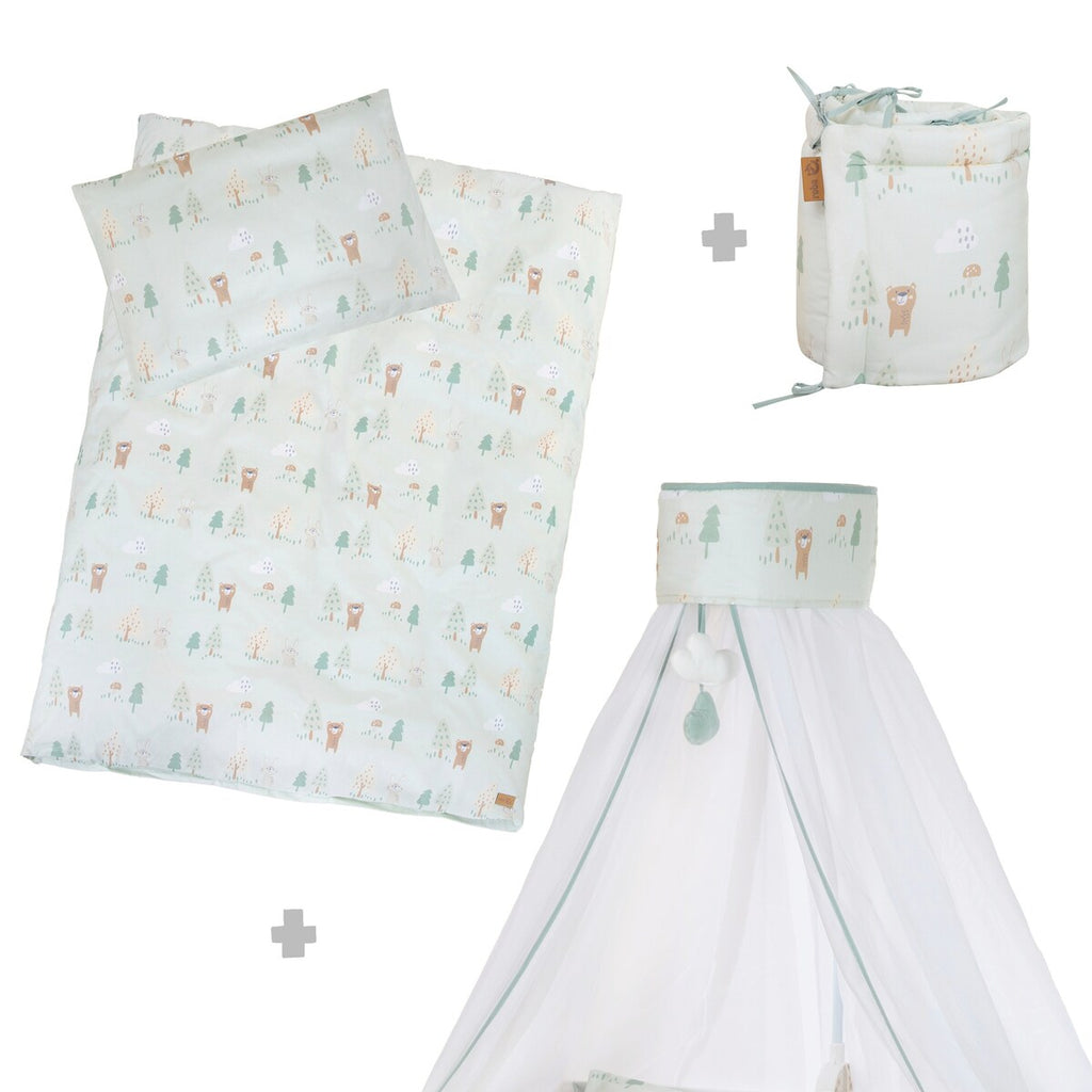 Sengesett 4 deler Woodland Buddies med sengehimmel seng med puter