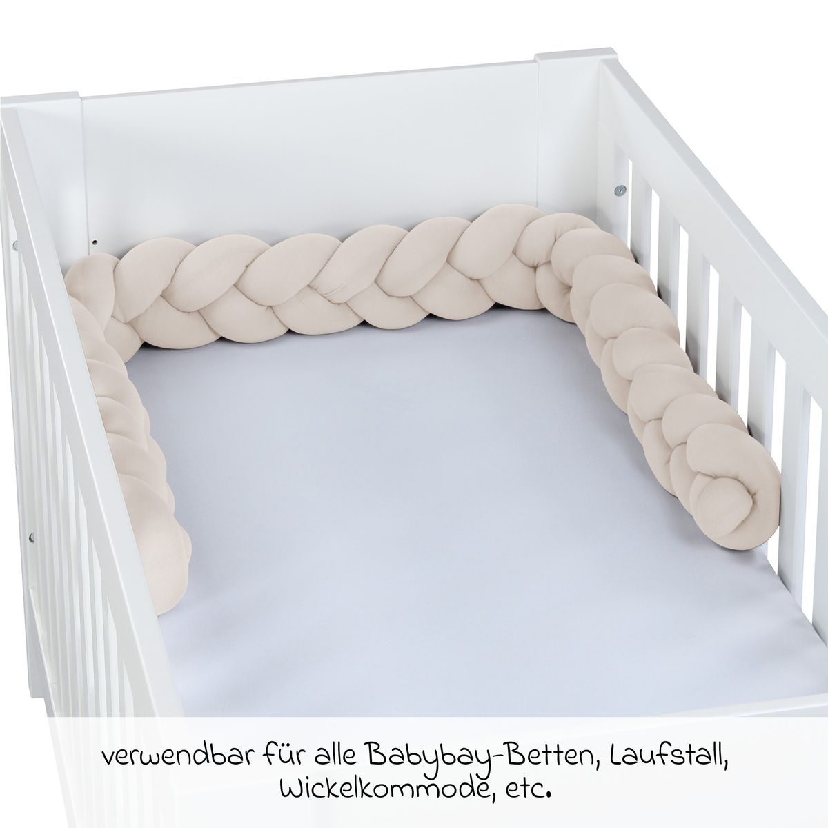 Detalj av flettet design på Sengeslange flettet bomull 200 cm til barneseng creme Babybay