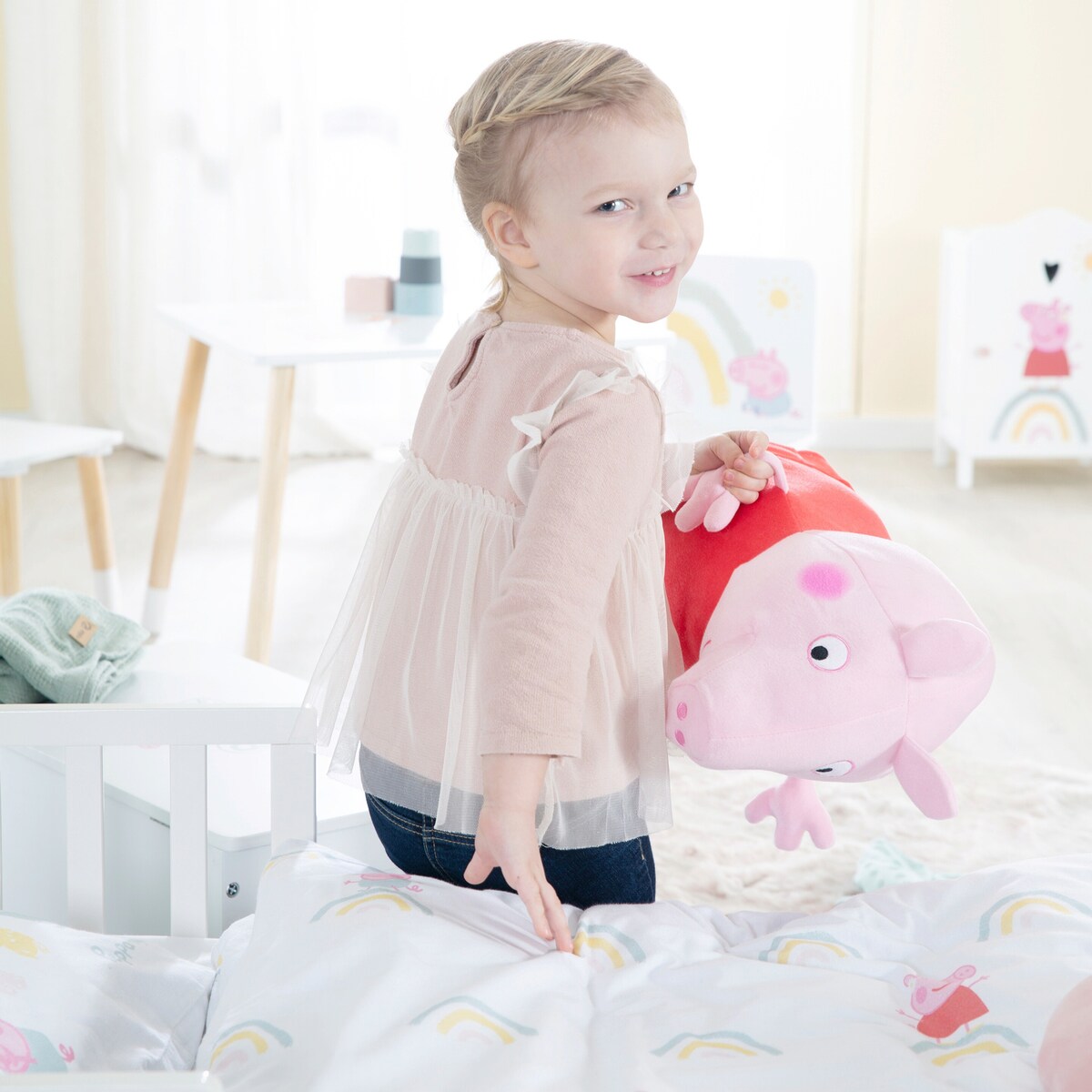 Sengetøy 2-delt Peppa Pig bomull 40x60/100x135 cm montert i barneseng