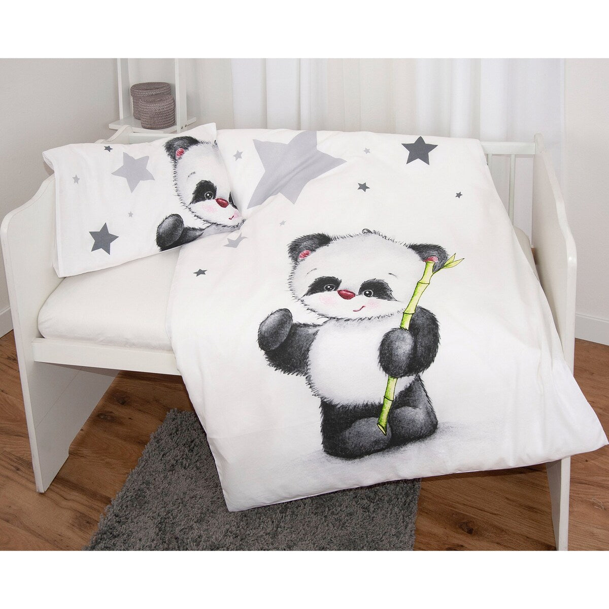 Sengetøy Panda renforcé bomull 40x60/100x135 cm bakside med stjernemønster