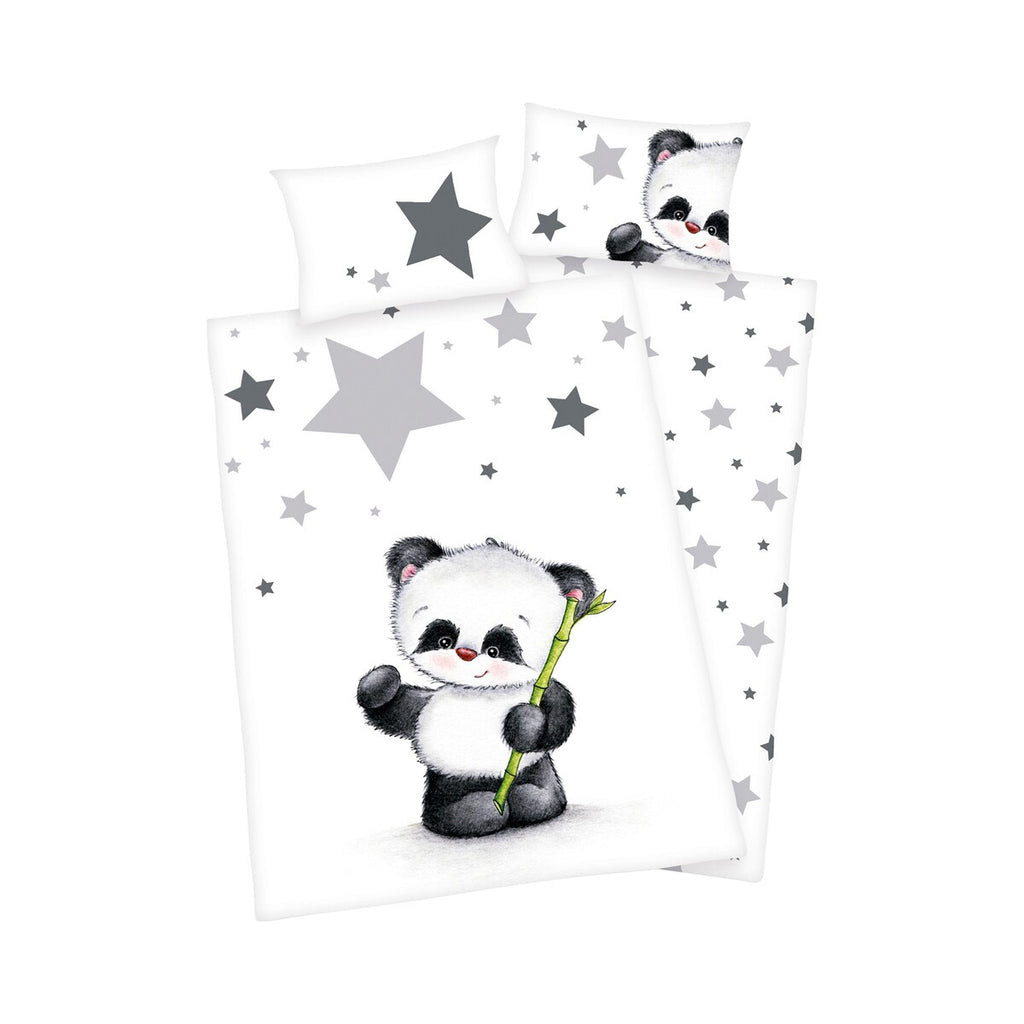 Sengetøy Panda renforcé bomull 40x60/100x135 cm forfra med panda- og stjernedesign