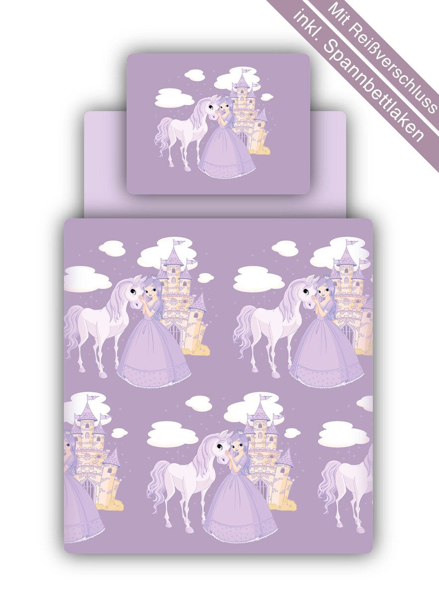 Sengetøysett for barn med laken prinsesse lilla 135x200 cm fra Ticaa settet vist forfra