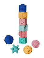 Sensorisk lekesett for baby 6 terninger og 4 baller bakside