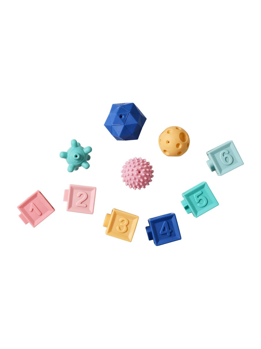 Sensorisk lekesett for baby 6 terninger og 4 baller detalj av terninger