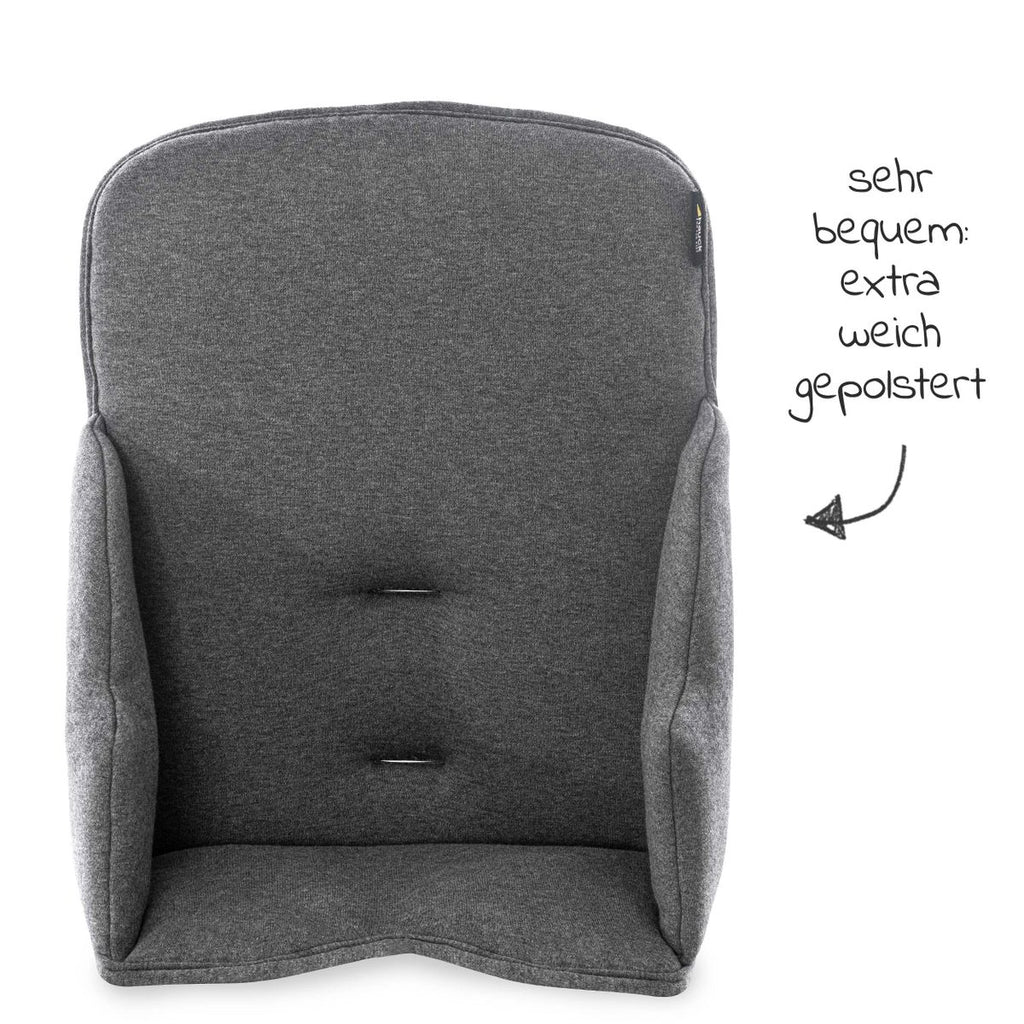 Nærbilde av jerseytrekk på seteforminsker til Alpha barnestol i jersey Charcoal