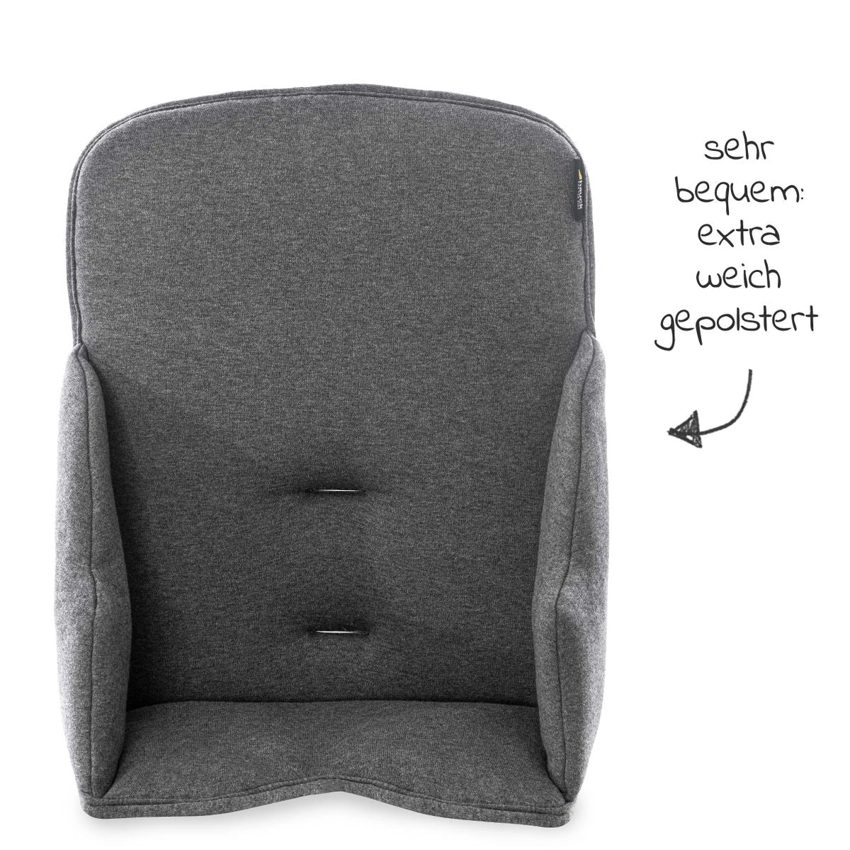 Nærbilde av jerseytrekk på seteforminsker til Alpha barnestol i jersey Charcoal