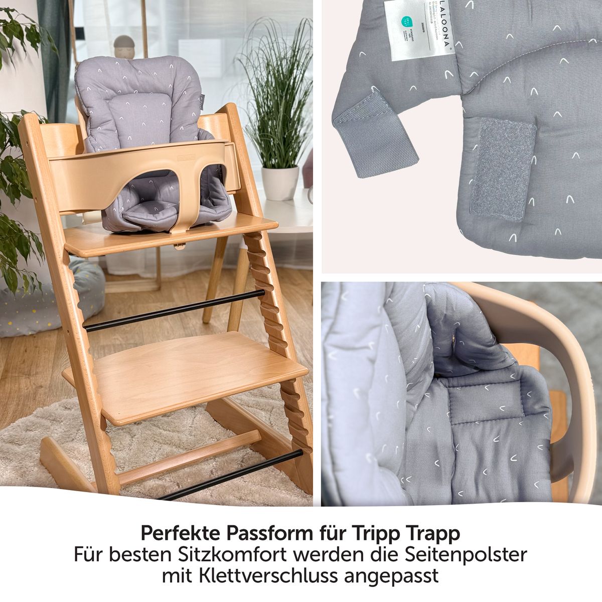 Detalj av polstrede sider på seteforminsker til Stokke Tripp Trapp barnestol Curves grå