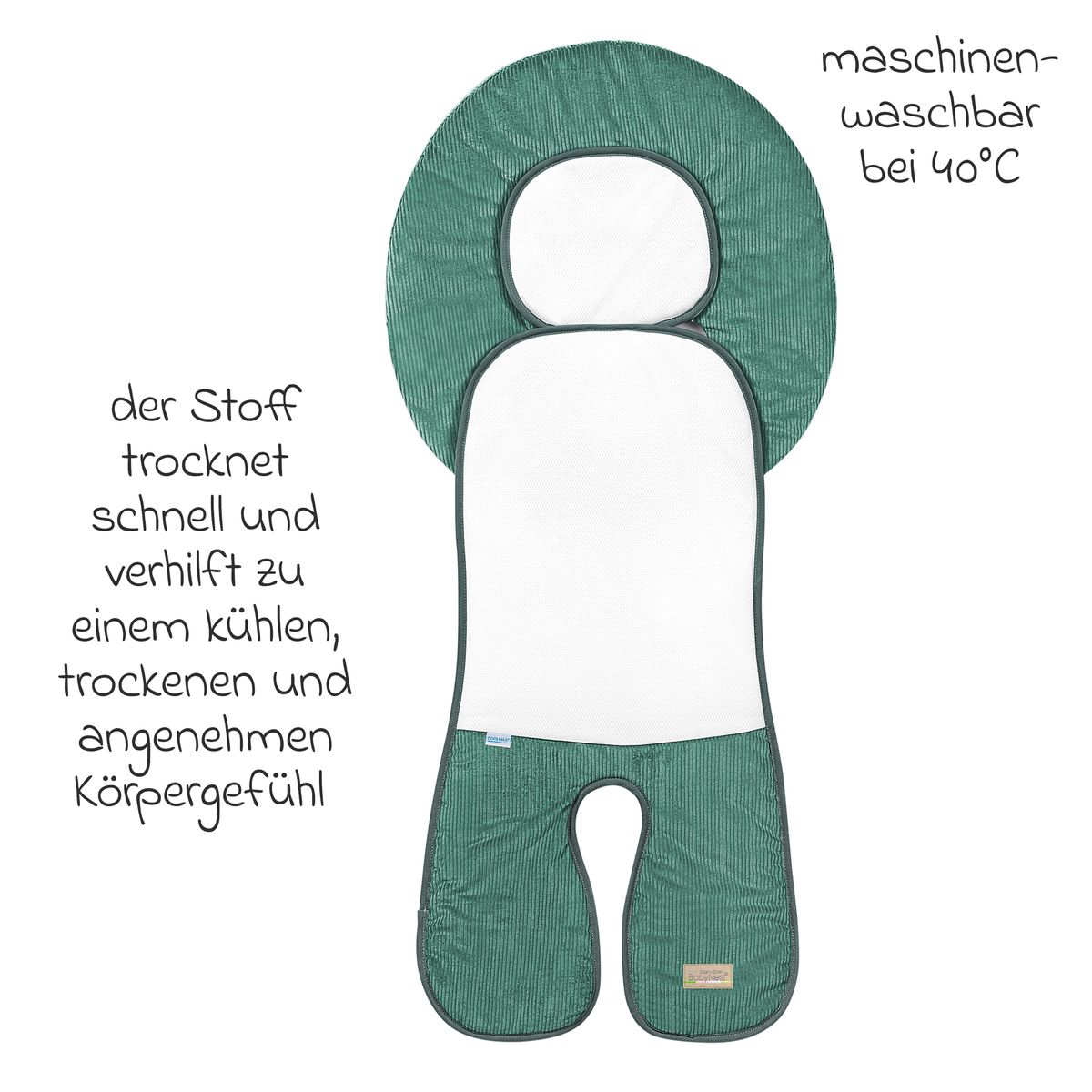 Setetrekk Babycool til bilstol med Coolmax eucalyptus i bruk i bil