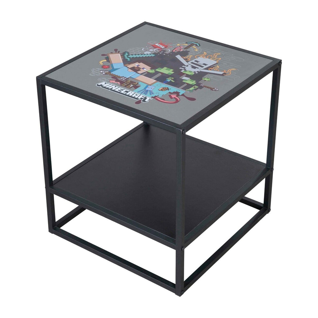 Detalj av fargerikt Minecraft-print på sidebord med 1 hylle