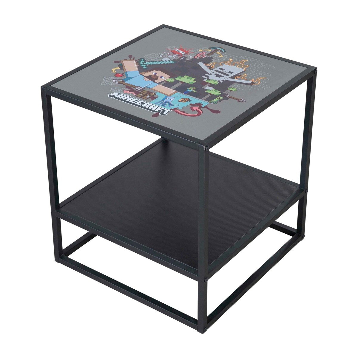Detalj av fargerikt Minecraft-print på sidebord med 1 hylle