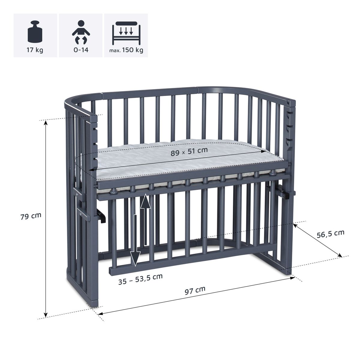 Sideseng Boxspring Comfort Plus i heltre bøk, skifergrå med madrass