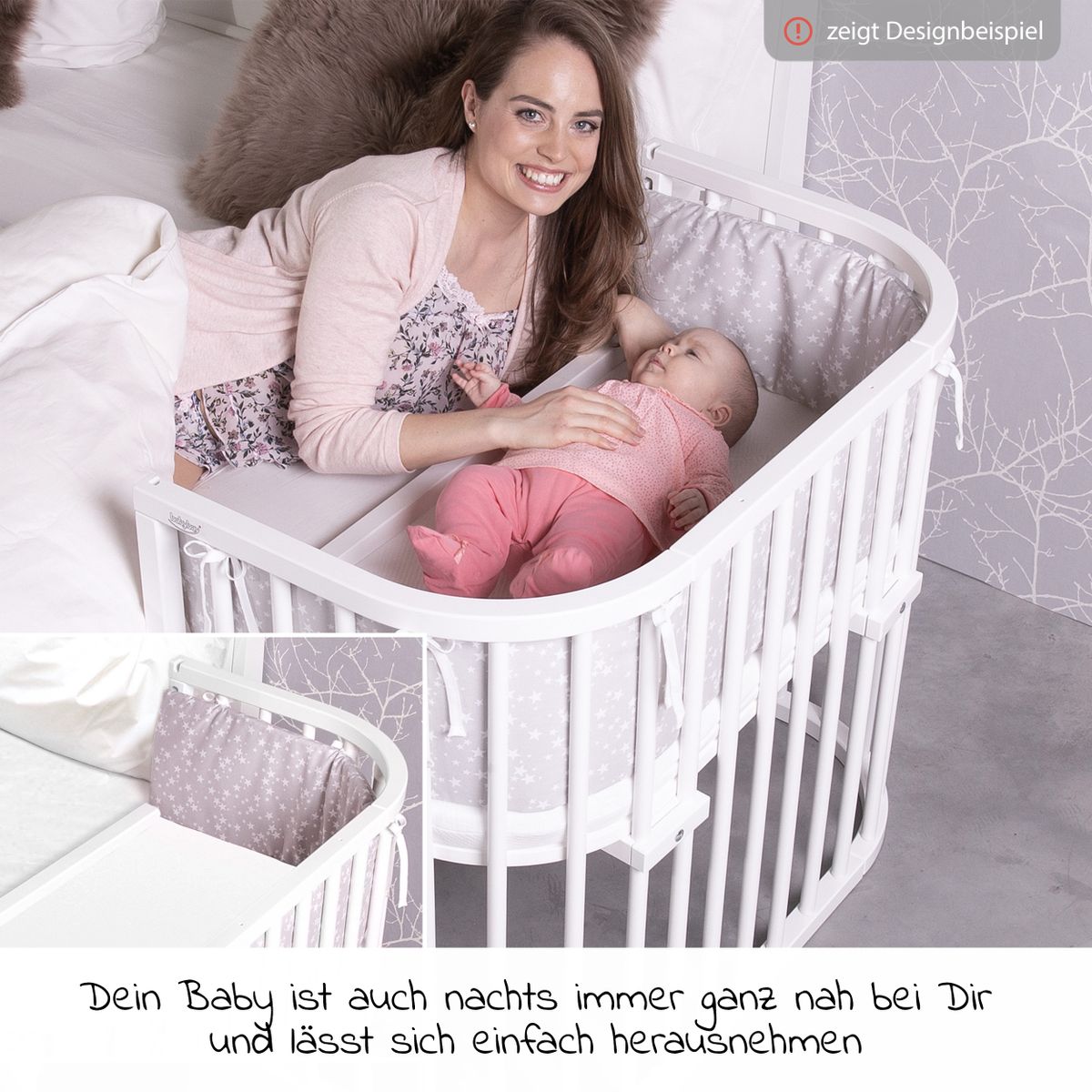 Sideseng Boxspring Comfort Plus i heltre, hvit detalj av treverk
