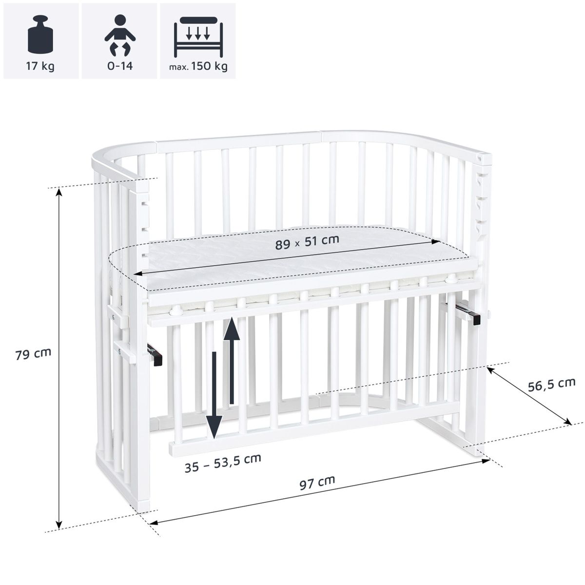 Sideseng Maxi Comfort Plus i heltre bøk, hvitlakkert - Babybay