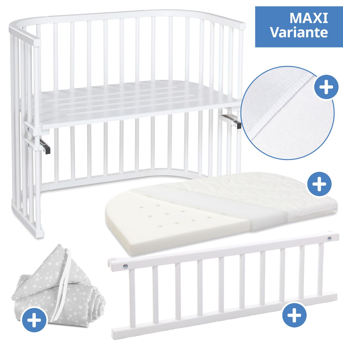 Sidesengsett Maxi 5 deler med madrass, sengereir og laken forfra