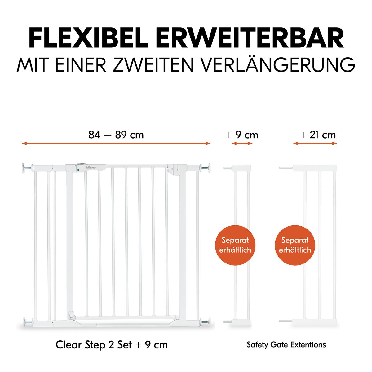 Sikkerhetsgrind Clear Step 2 75-80 cm med 9 cm forlenger, hvit - Hauck